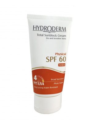 کرم ضد آفتاب SPF60 رنگی هیدرودرم بژ تیره پوست های خشک و حساس با حجم 50 میلی لیتر