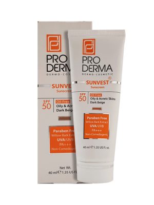 کرم ضد آفتاب فاقد چربی پرودرما  SPF50 بژ تیره مناسب پوست های چرب و جوش دار با حجم 40 میلی لیتر