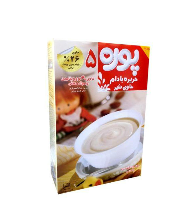 P_puree5.jpg.png پودر حریره بادام حاوی شیر پوره 5 40 گرم بسته 6 عددی - Image 1